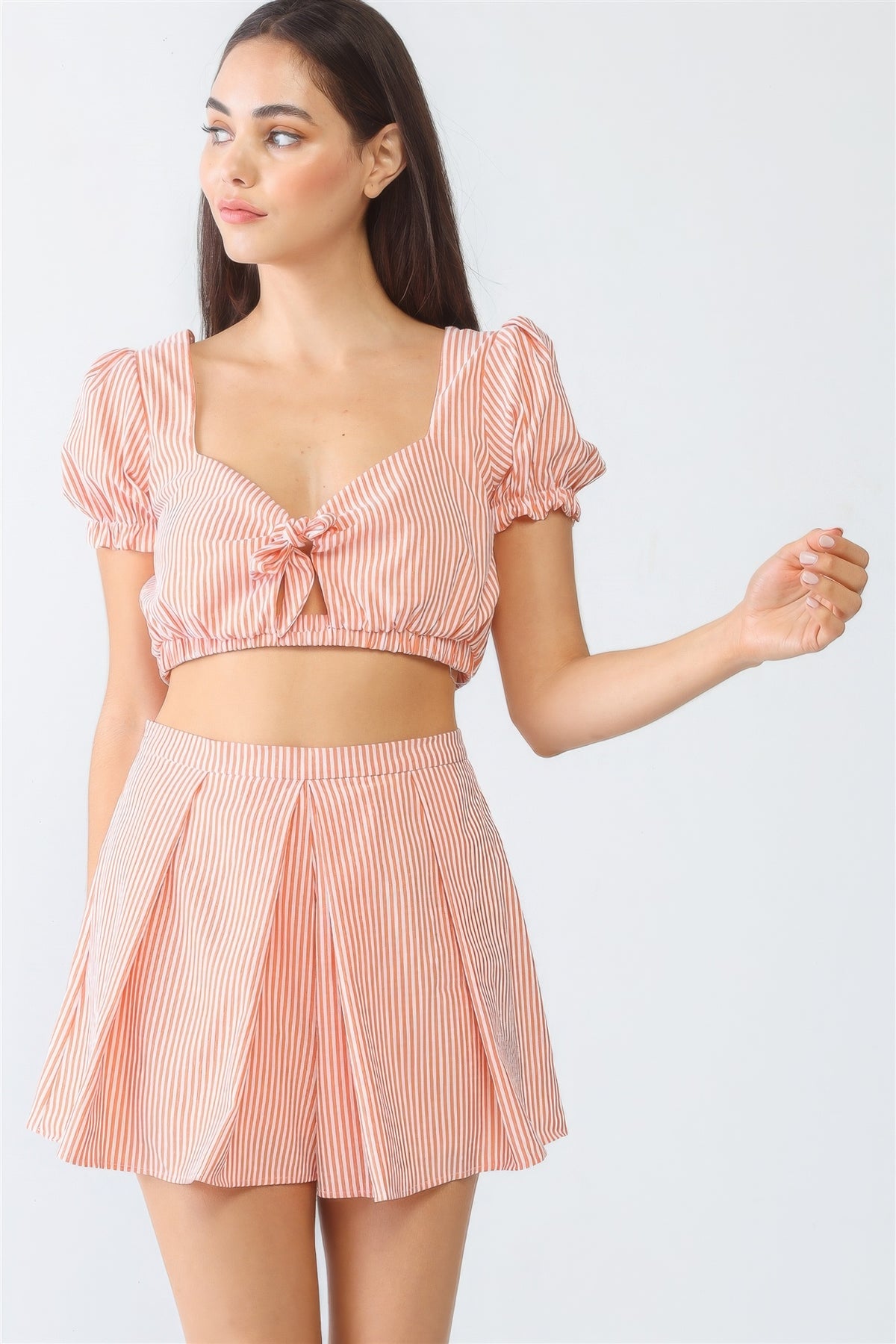 Brigid White & Orange Stripe Print Self-tie Short Sleeve Crop Top & High Waist Shorts Set — view 1