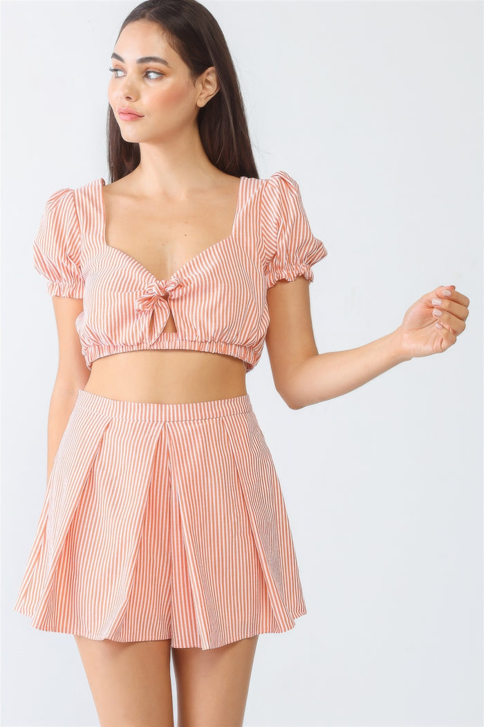 Brigid White & Orange Stripe Print Self-tie Short Sleeve Crop Top & High Waist Shorts Set