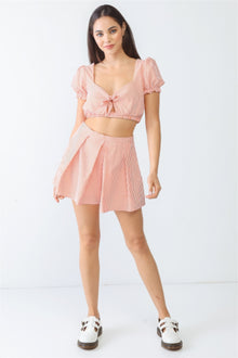 Brigid White & Orange Stripe Print Self-tie Short Sleeve Crop Top & High Waist Shorts Set — thumbnail 2