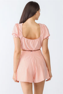 Brigid White & Orange Stripe Print Self-tie Short Sleeve Crop Top & High Waist Shorts Set — thumbnail 4