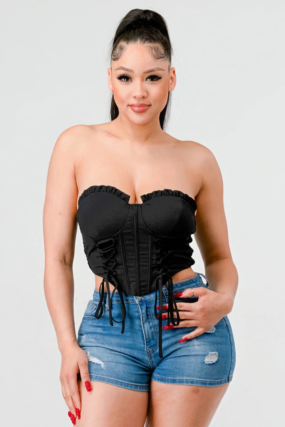 Aphrodite Luxe sweetheart ruffled drawstring lace bustier top — view 1