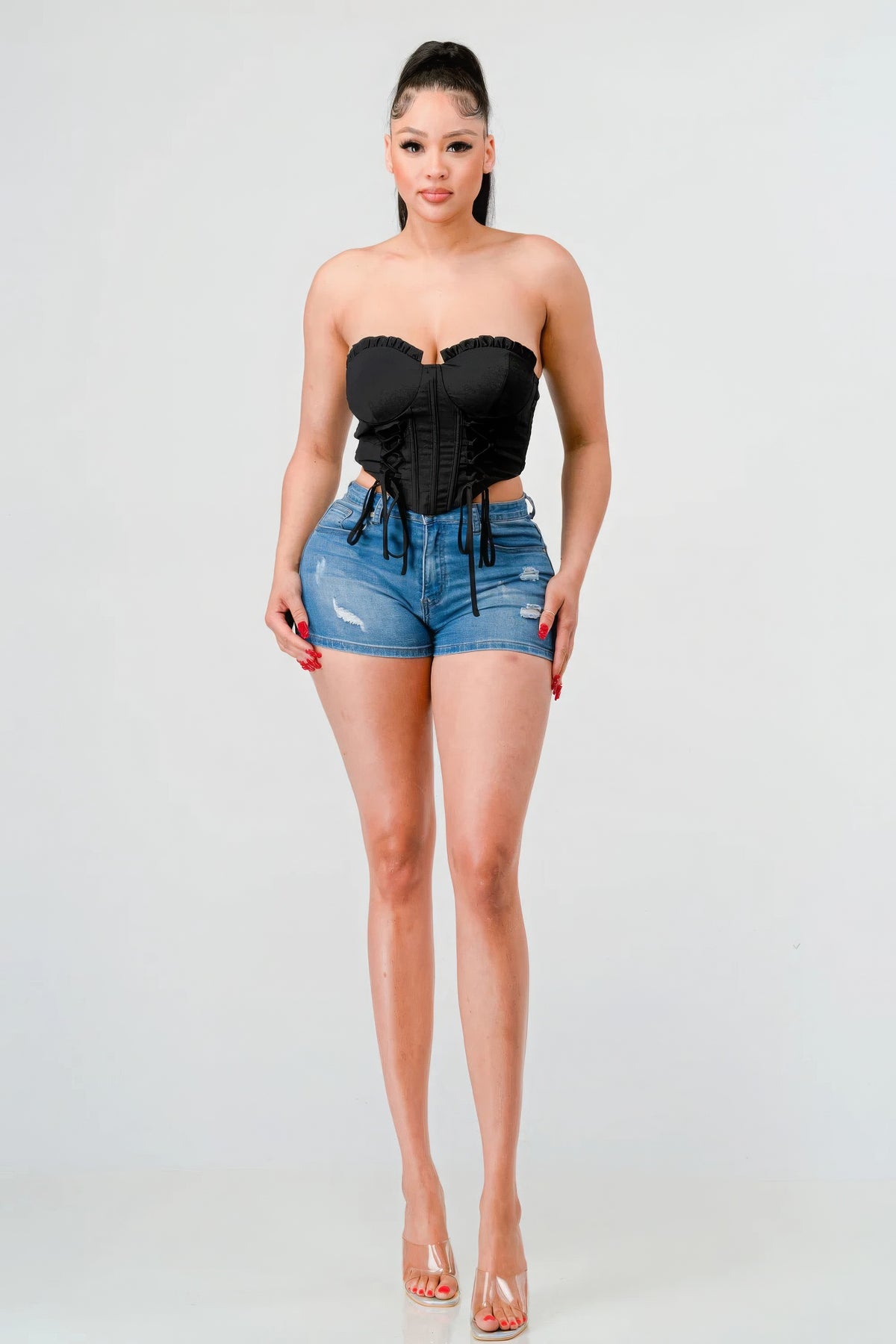 Aphrodite Luxe sweetheart ruffled drawstring lace bustier top — view 2