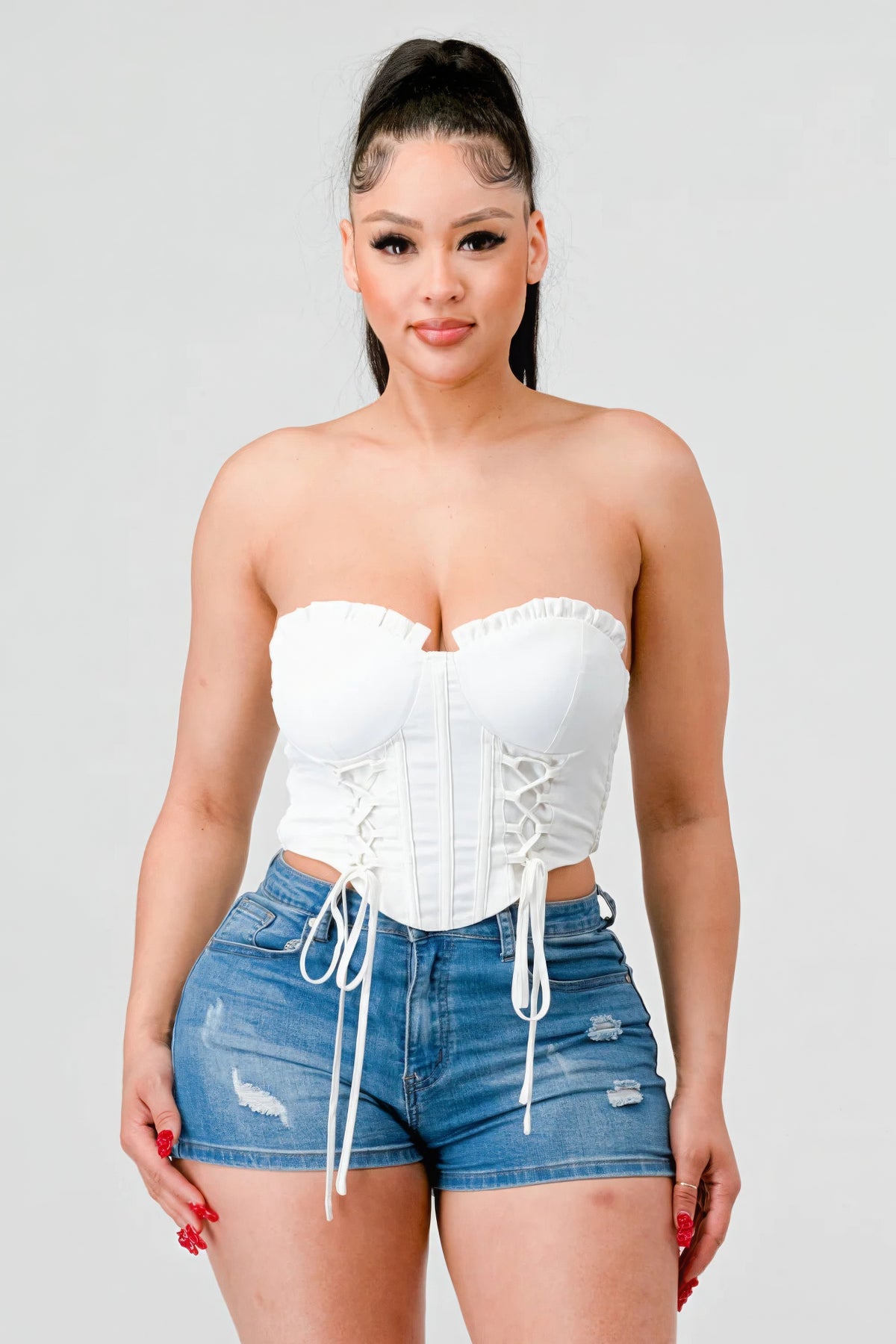 Aphrodite Luxe sweetheart ruffled drawstring lace bustier top — view 1