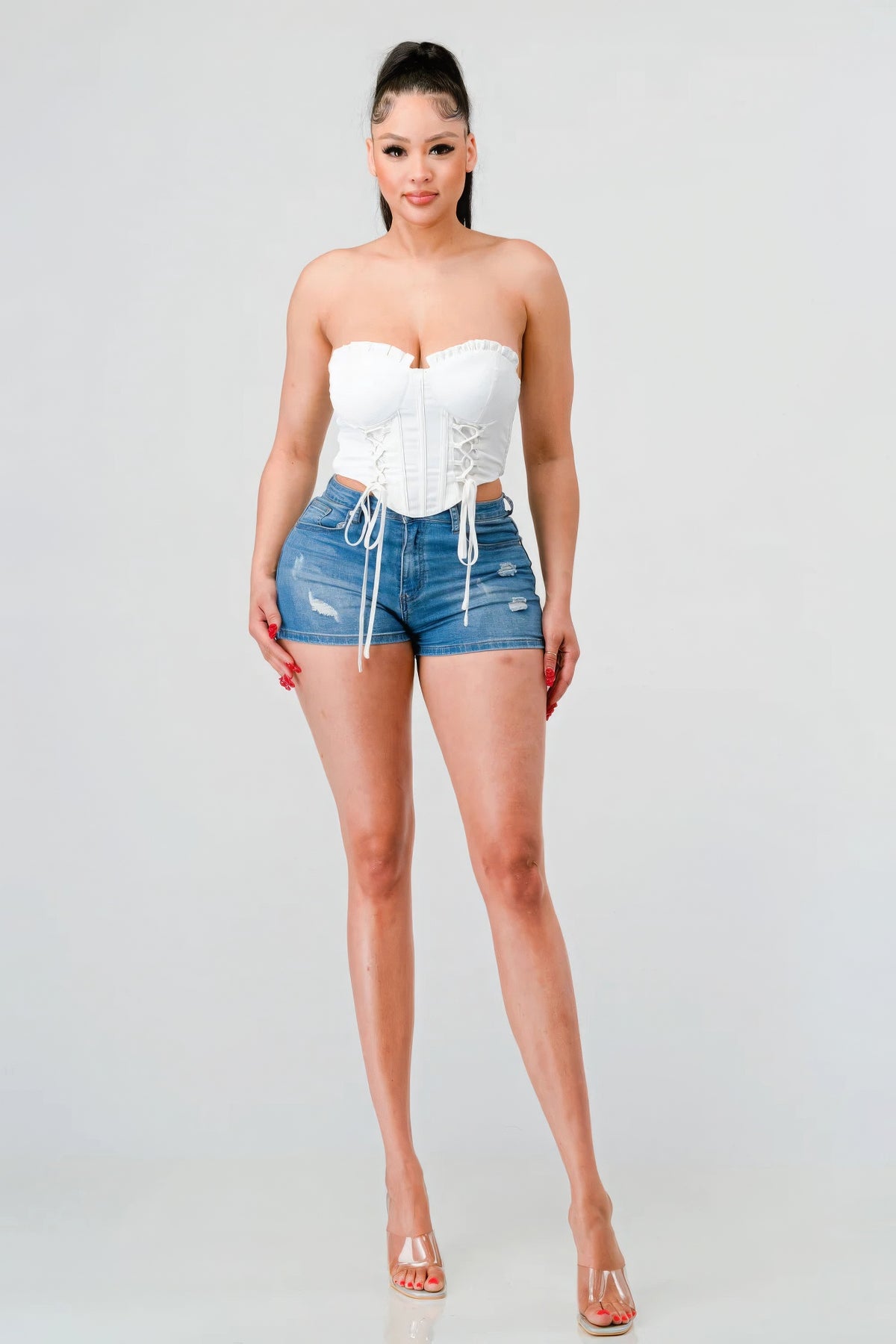 Aphrodite Luxe sweetheart ruffled drawstring lace bustier top — view 2