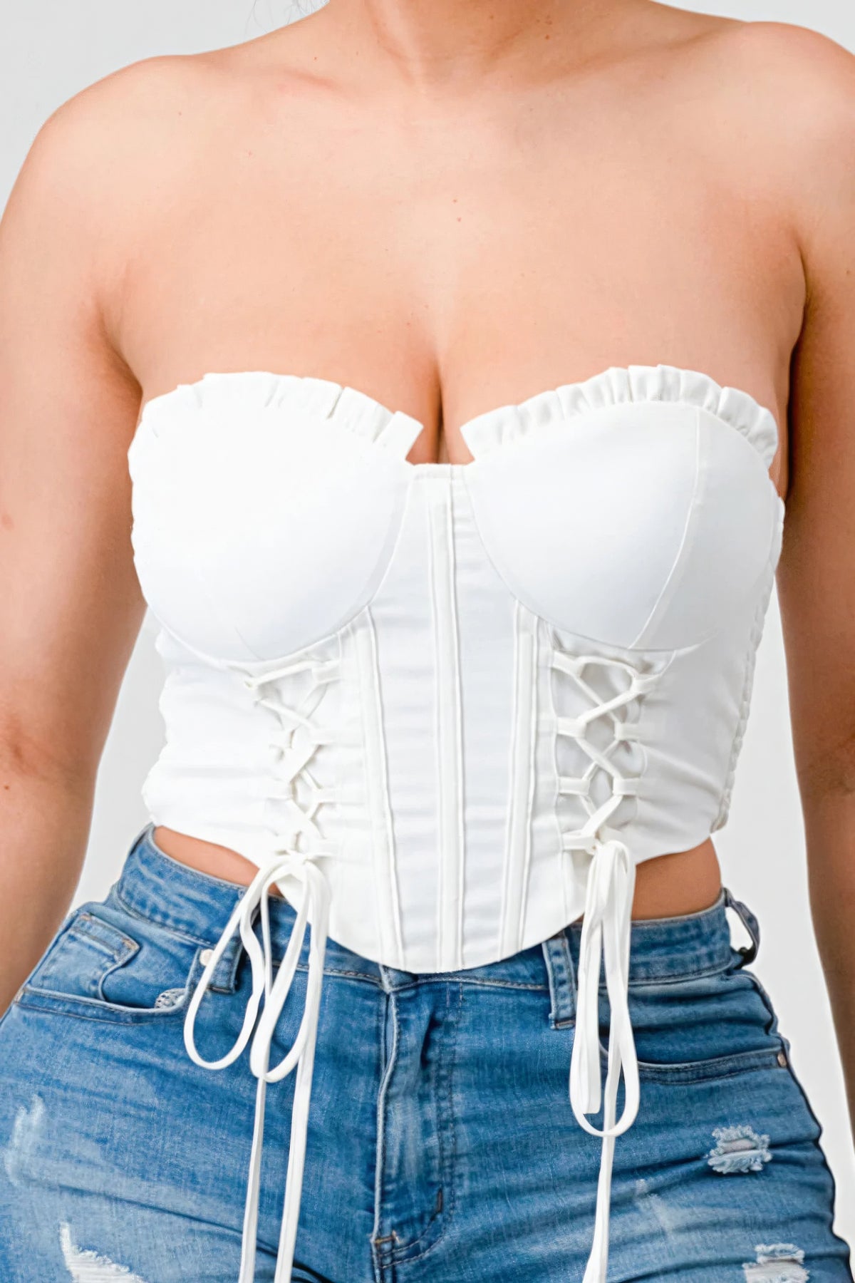 Aphrodite Luxe sweetheart ruffled drawstring lace bustier top — view 4