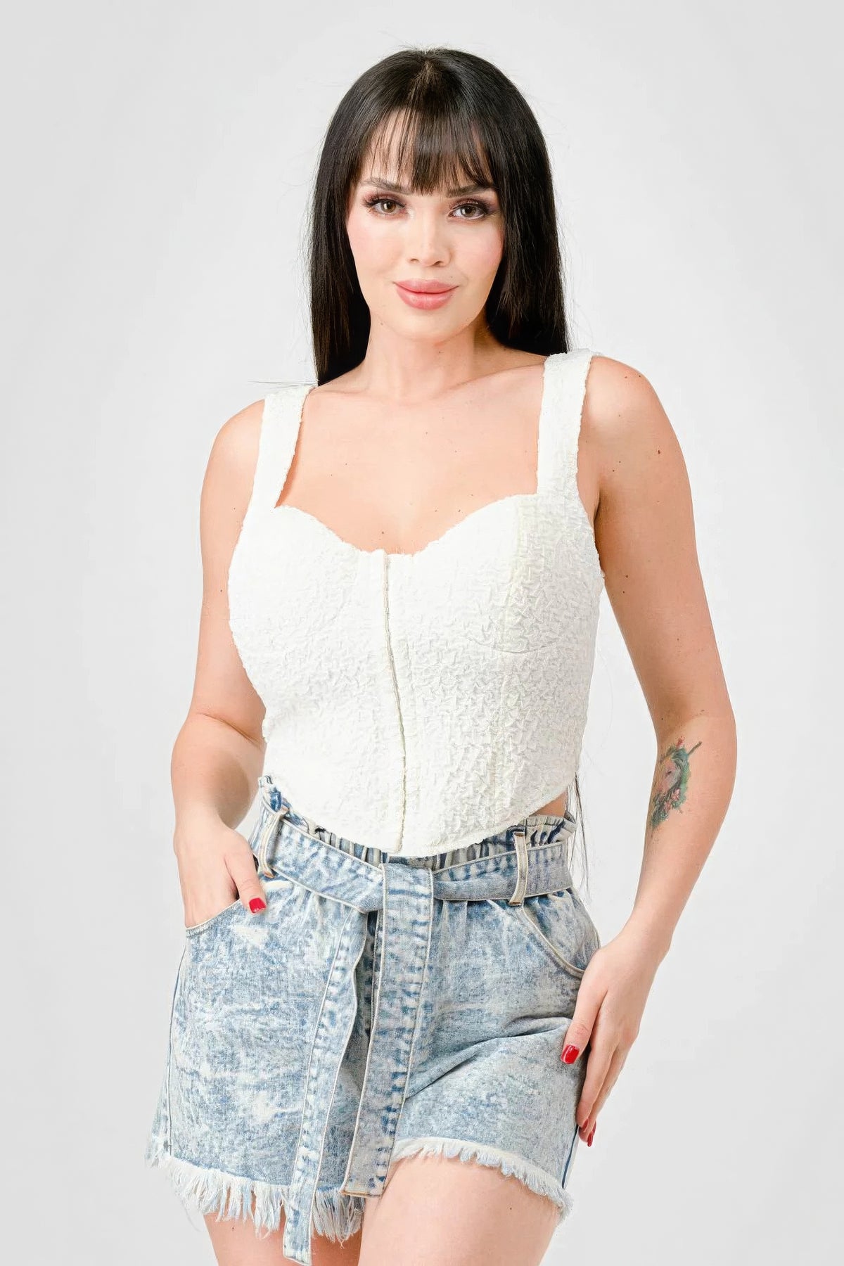 Brigid Crinkle Stretch Knit Sweetheart Hooked Bustier Cropped Top — view 1