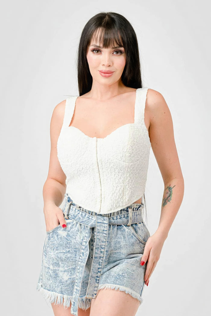 Brigid Crinkle Stretch Knit Sweetheart Hooked Bustier Cropped Top