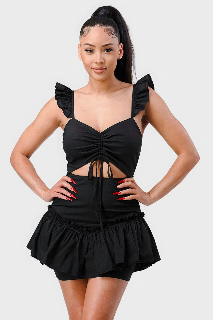 Nyx Sweetheart With Drawstring Bow Cutout Ruffled Flutter Sleeves Mini Dress