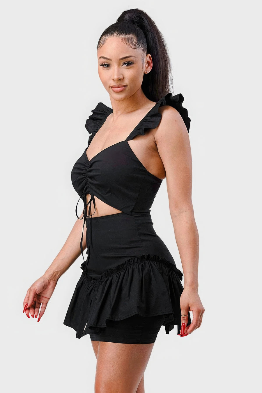 Nyx Sweetheart With Drawstring Bow Cutout Ruffled Flutter Sleeves Mini Dress styled in the studio