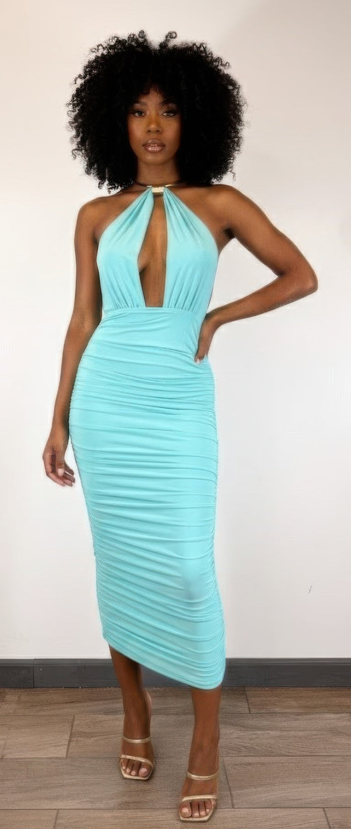 Inanna Strapless Necklace Detail Open Back Midi Dress