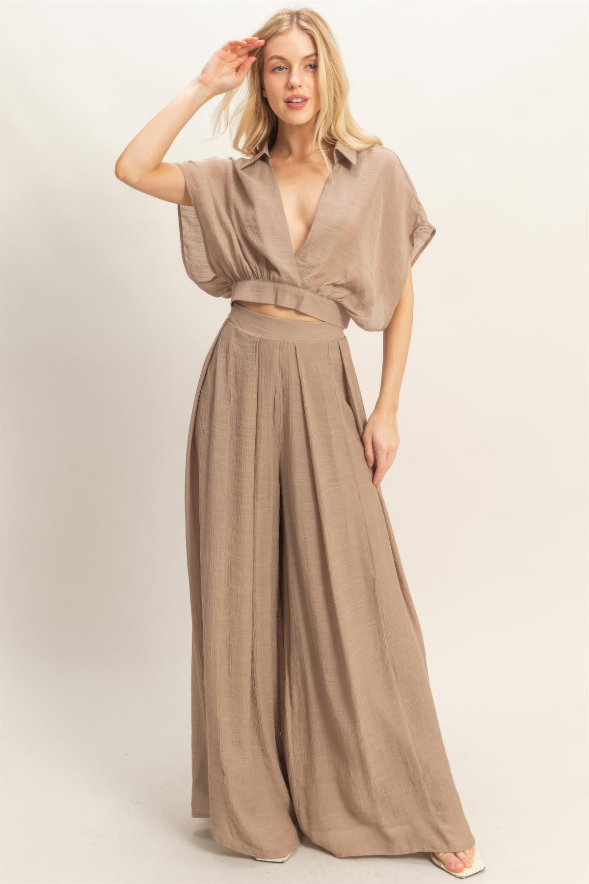 Maat Collared Wrap Top & Wide-leg Pants Set — view 1
