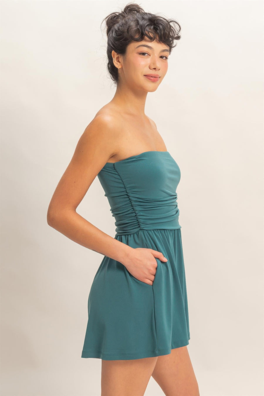 Hera Strapless Shirred Waist Romper styled in the studio