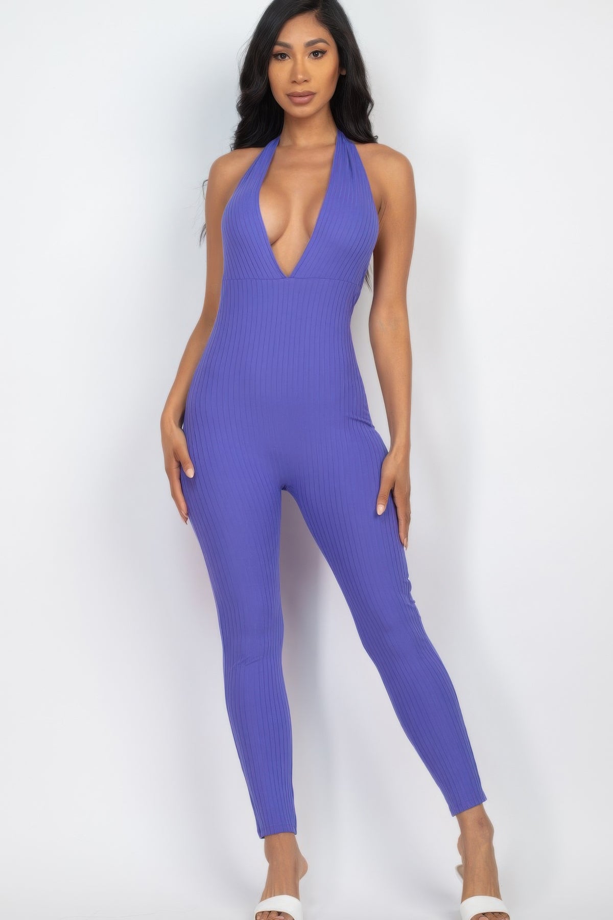 Gaia Halter V Neck Ribbed Bodycon Jumpsuit — view 9