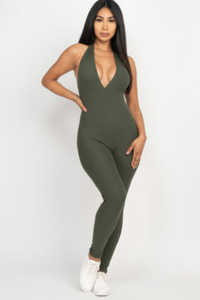 Gaia Halter V Neck Ribbed Bodycon Jumpsuit — thumbnail 10
