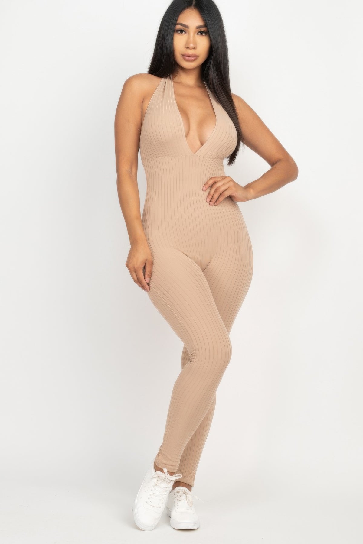 Gaia Halter V Neck Ribbed Bodycon Jumpsuit — view 12