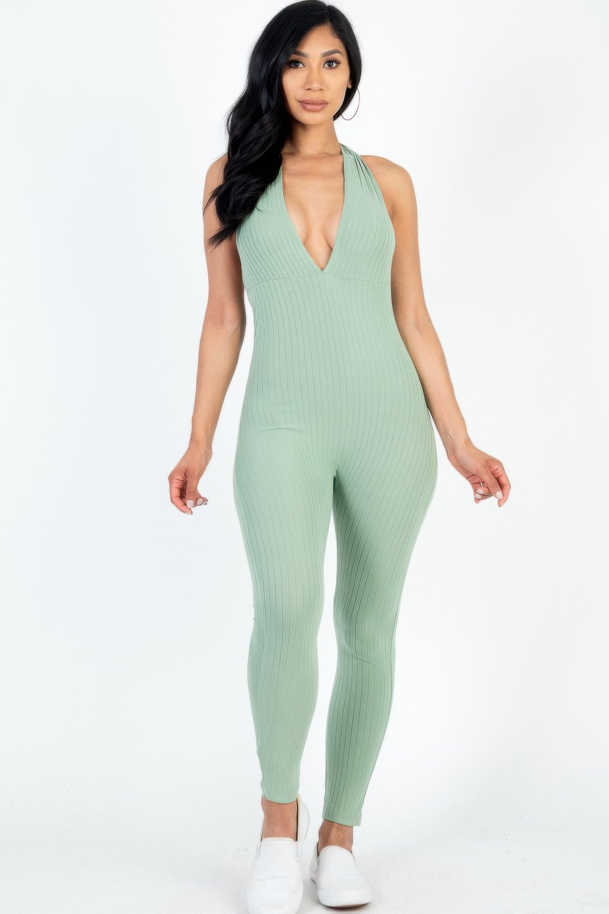 Gaia Halter V Neck Ribbed Bodycon Jumpsuit — view 13