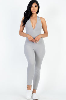 Gaia Halter V Neck Ribbed Bodycon Jumpsuit — thumbnail 14