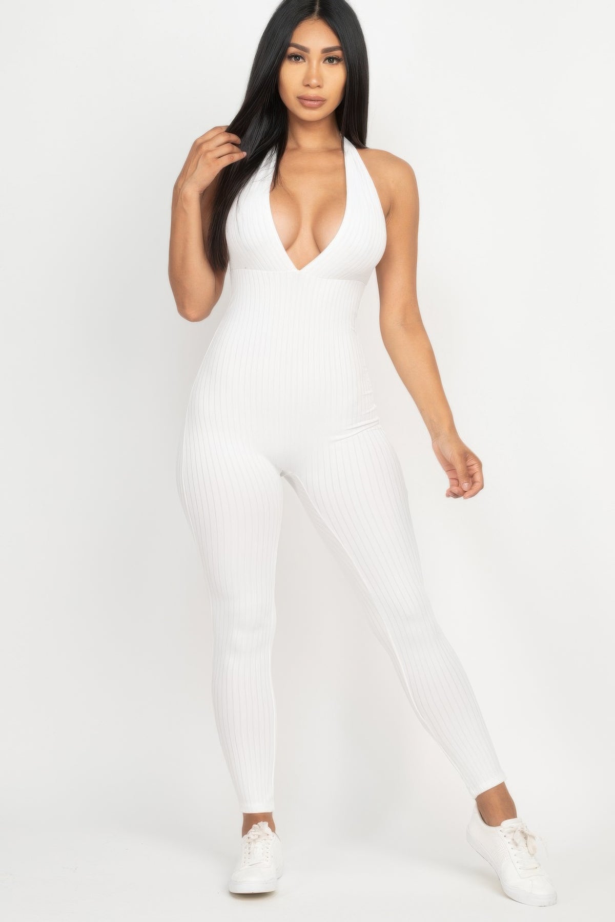 Gaia Halter V Neck Ribbed Bodycon Jumpsuit — view 15