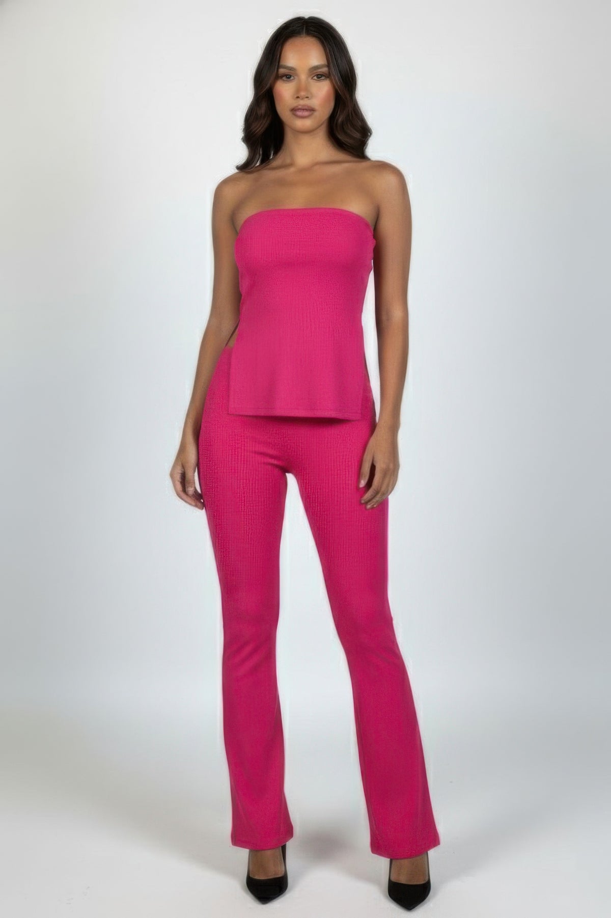 Nyx Ribbed Slit Tube Top & High-waist Flare Pants Set — view 7