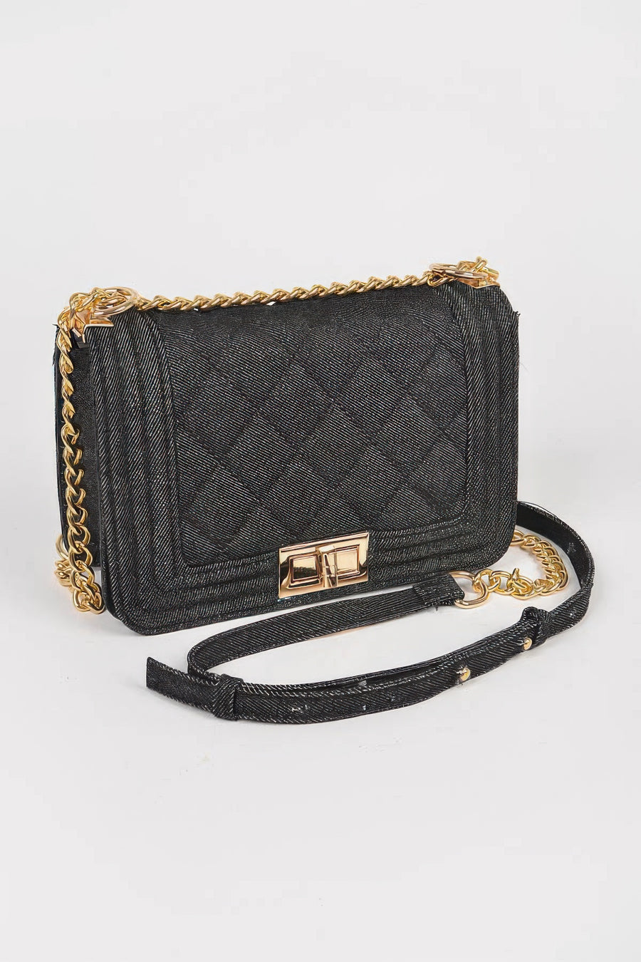 Diana Quilted Denim Crossbody Bag styled in the studio