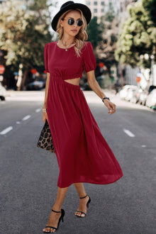 Kali Solid Round Neck Cutout Waist A Line Midi Dress — thumbnail 1