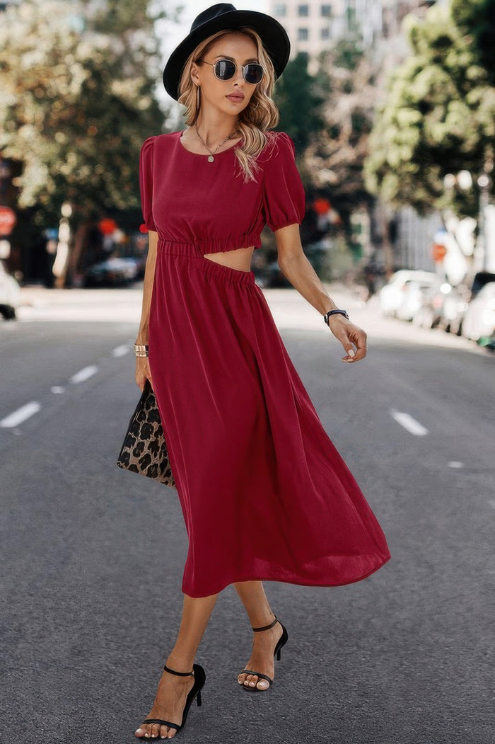 Kali Solid Round Neck Cutout Waist A Line Midi Dress