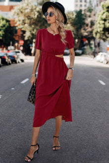 Kali Solid Round Neck Cutout Waist A Line Midi Dress — thumbnail 2