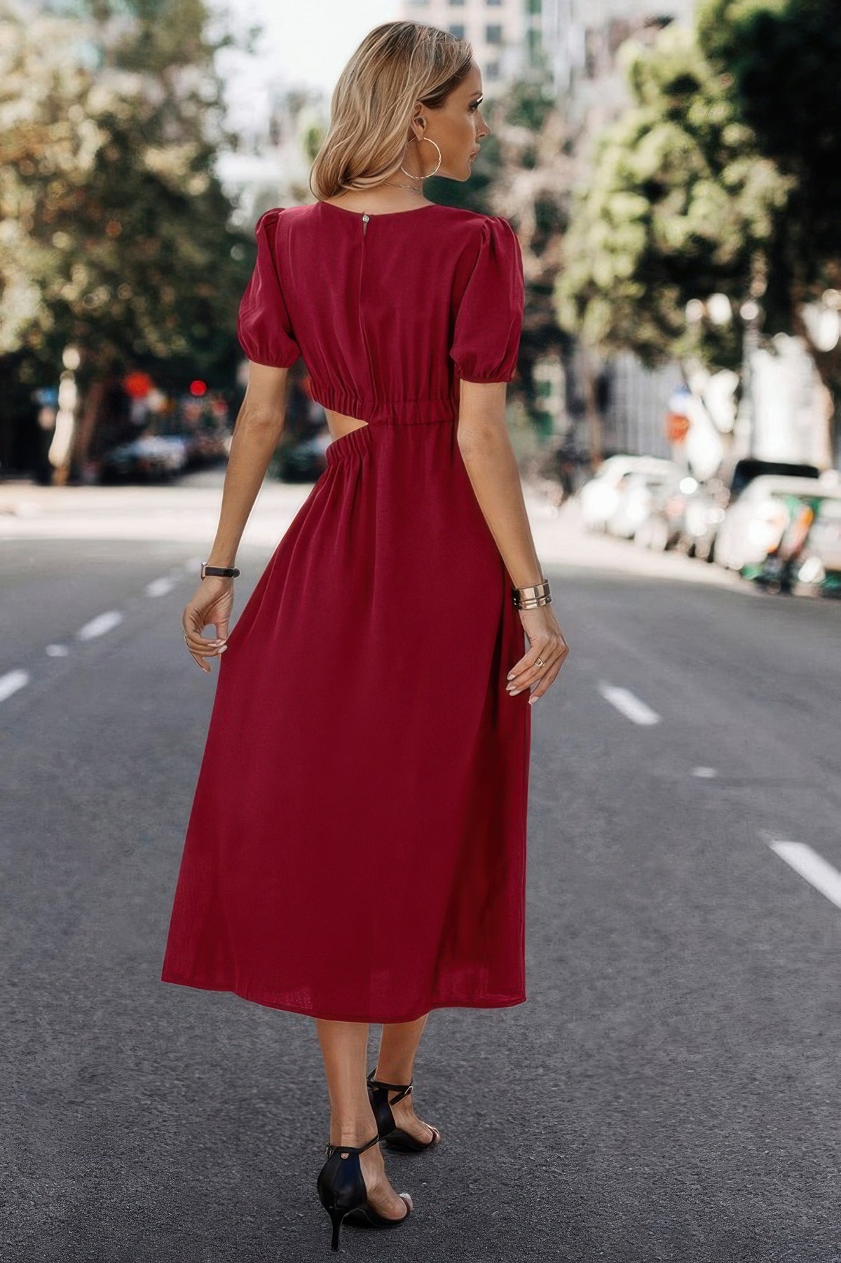 Kali Solid Round Neck Cutout Waist A Line Midi Dress — view 3