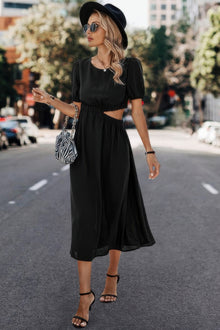 Kali Solid Round Neck Cutout Waist A Line Midi Dress — thumbnail 4