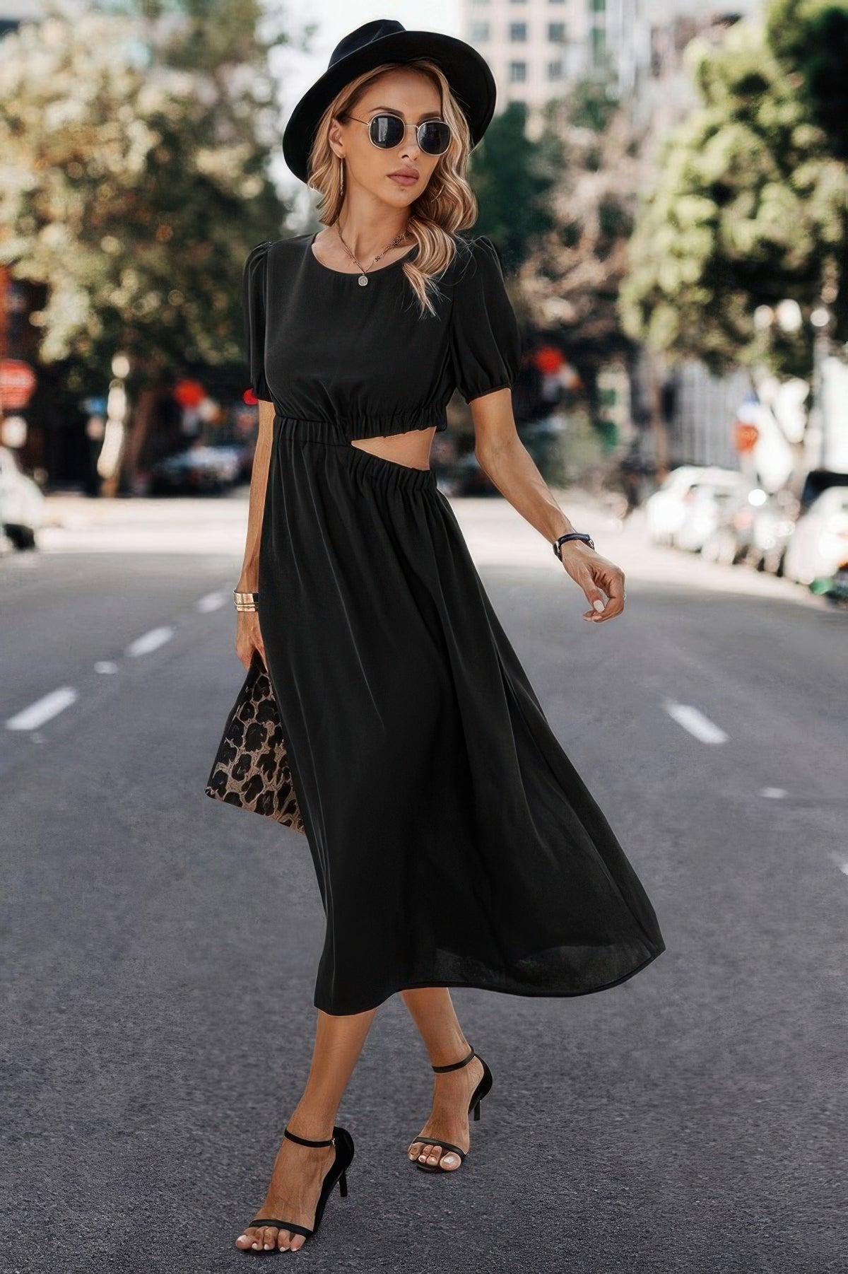Kali Solid Round Neck Cutout Waist A Line Midi Dress — view 5