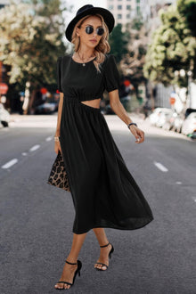 Kali Solid Round Neck Cutout Waist A Line Midi Dress — thumbnail 5