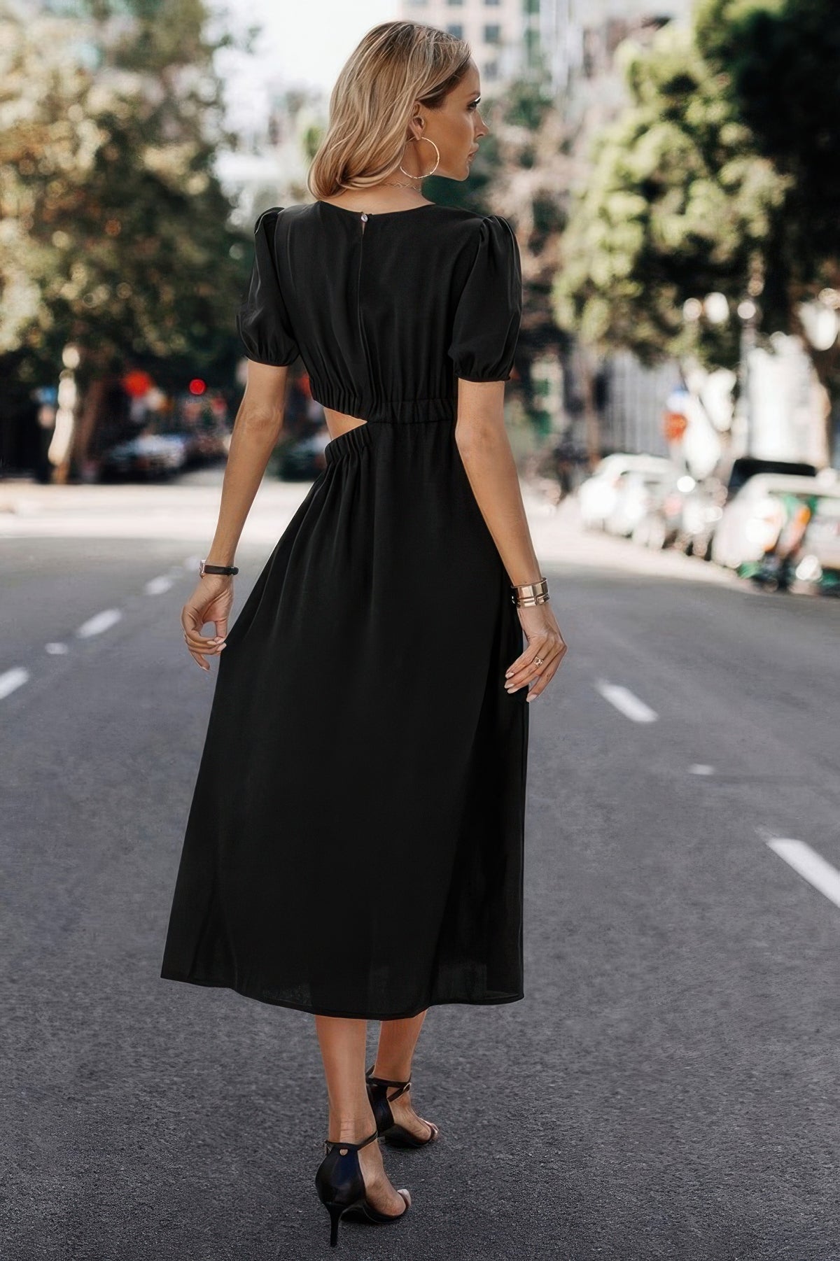 Kali Solid Round Neck Cutout Waist A Line Midi Dress — view 6