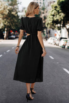 Kali Solid Round Neck Cutout Waist A Line Midi Dress — thumbnail 6
