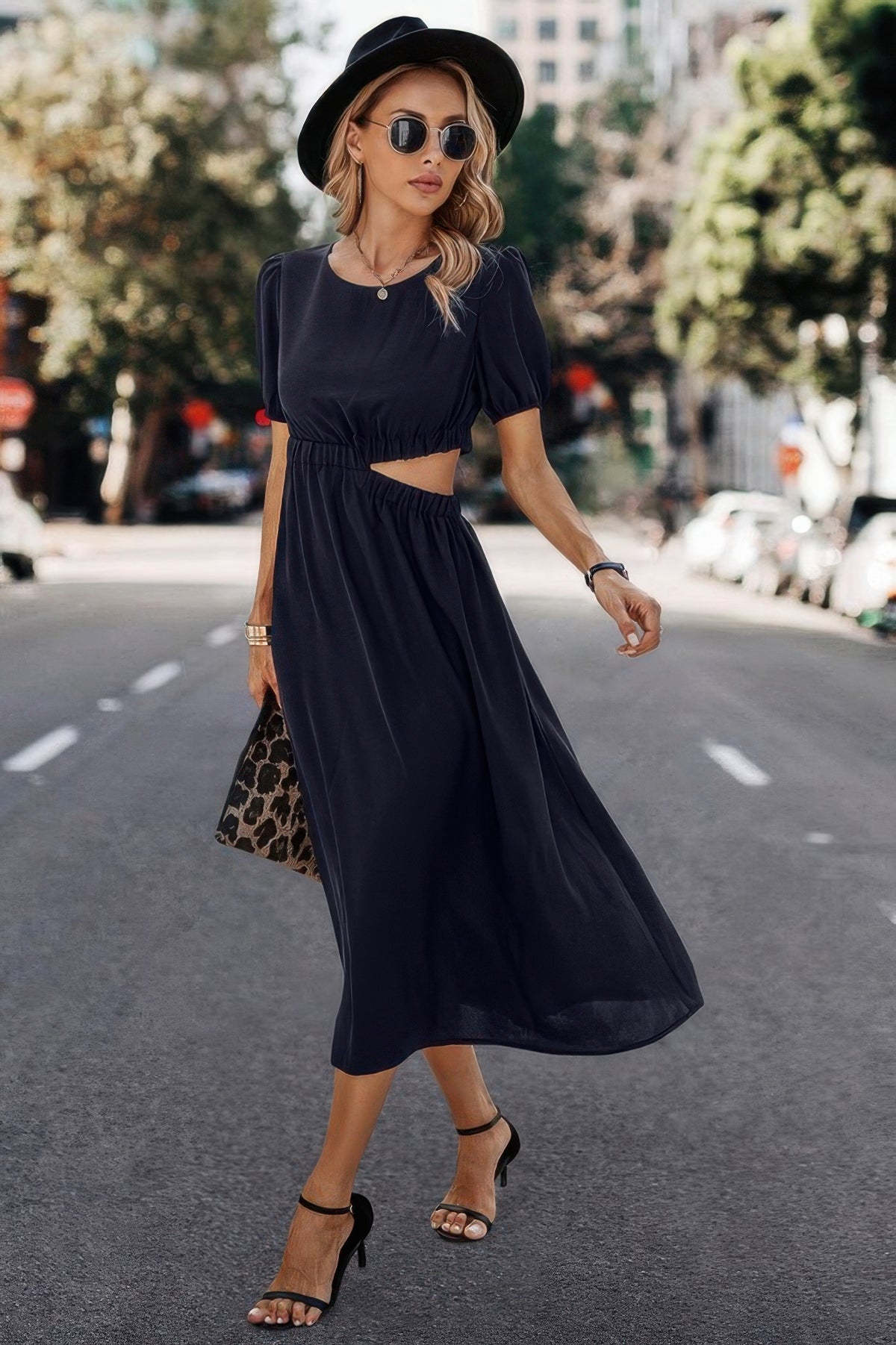 Kali Solid Round Neck Cutout Waist A Line Midi Dress — view 7
