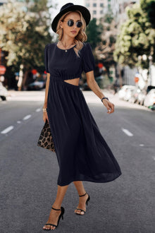 Kali Solid Round Neck Cutout Waist A Line Midi Dress — thumbnail 7