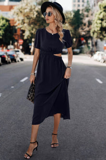 Kali Solid Round Neck Cutout Waist A Line Midi Dress — thumbnail 8