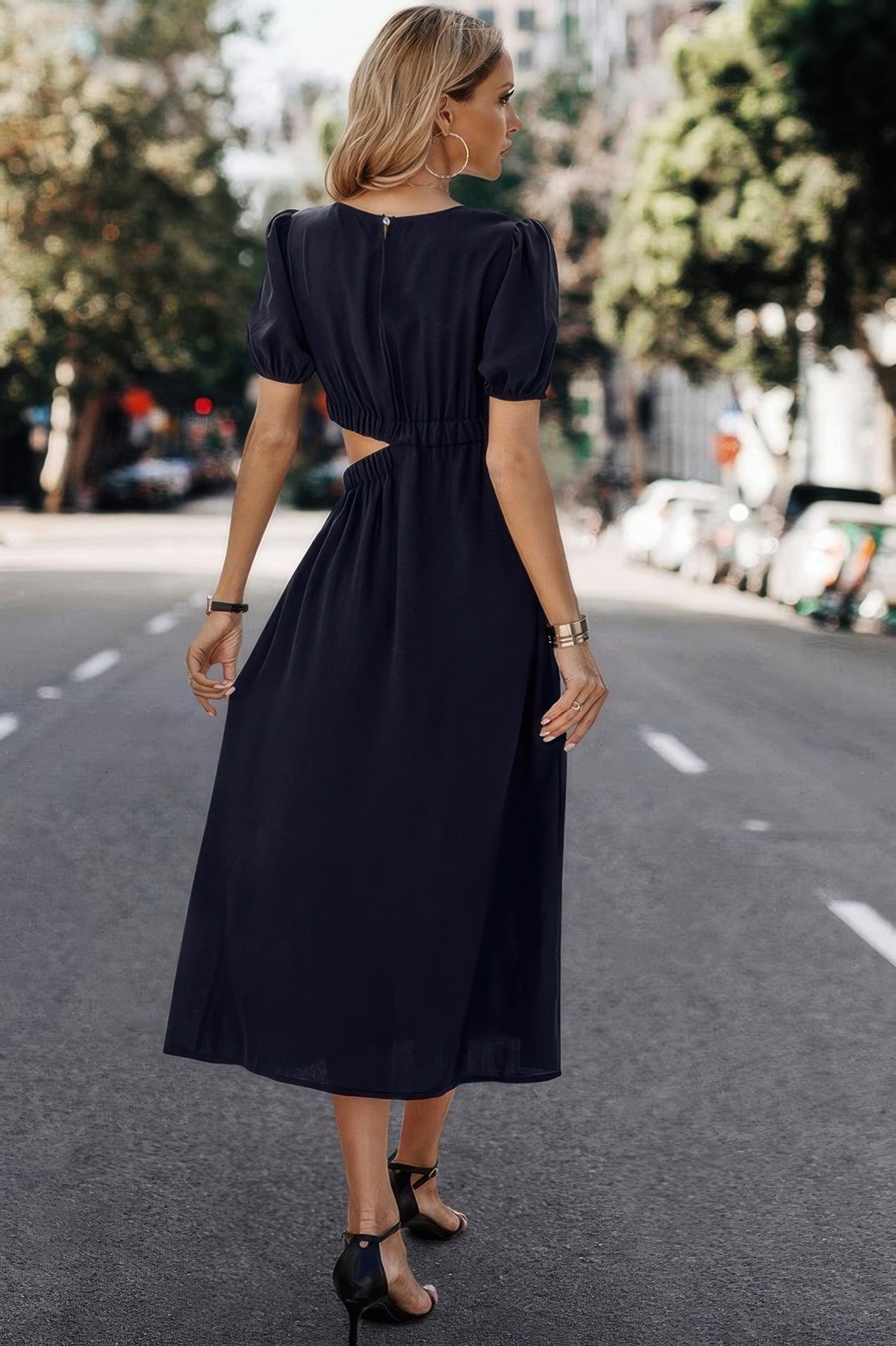 Kali Solid Round Neck Cutout Waist A Line Midi Dress — view 9