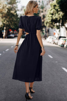 Kali Solid Round Neck Cutout Waist A Line Midi Dress — thumbnail 9