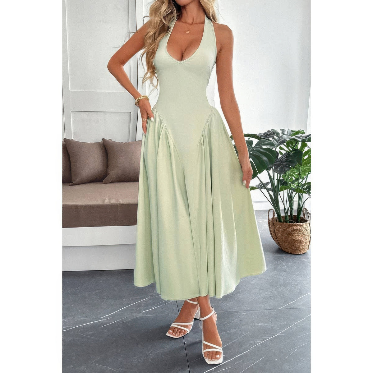 Amaterasu Solid Halter Hide Back Zipper Midi Sundress — view 1