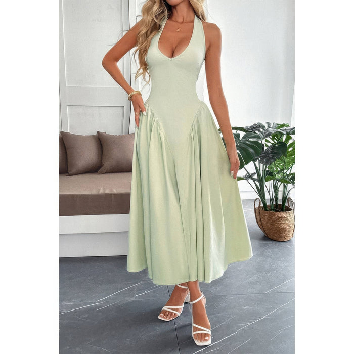 Amaterasu Solid Halter Hide Back Zipper Midi Sundress