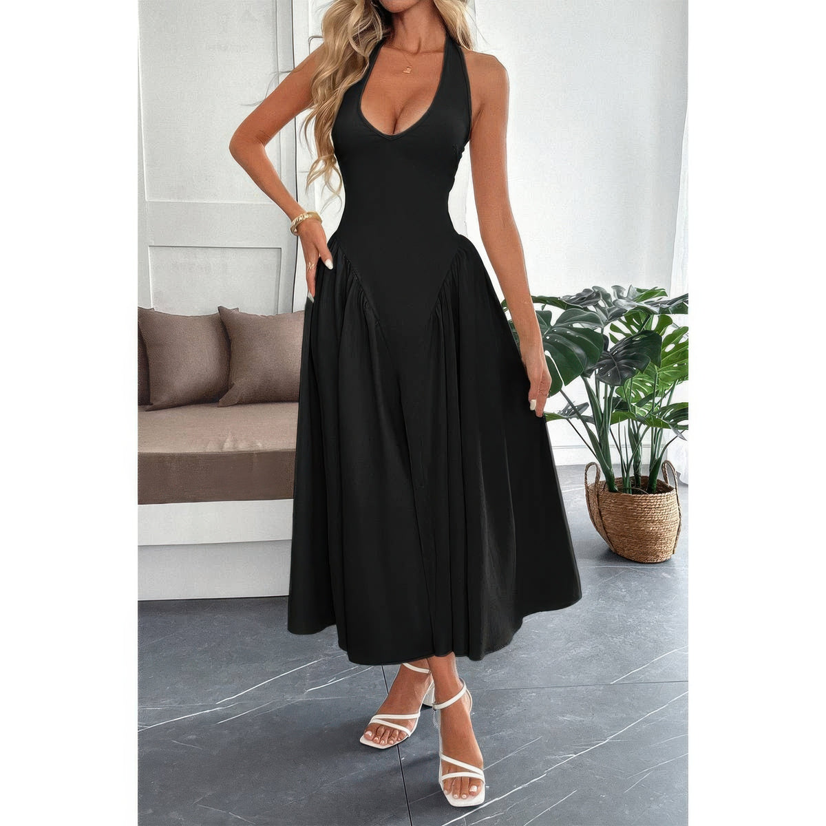 Amaterasu Solid Halter Hide Back Zipper Midi Sundress — view 5