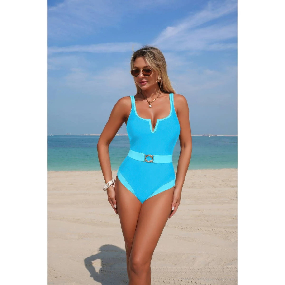 Diana One Piece Color Block Metal Buckle Belt Swimsuit — view 7