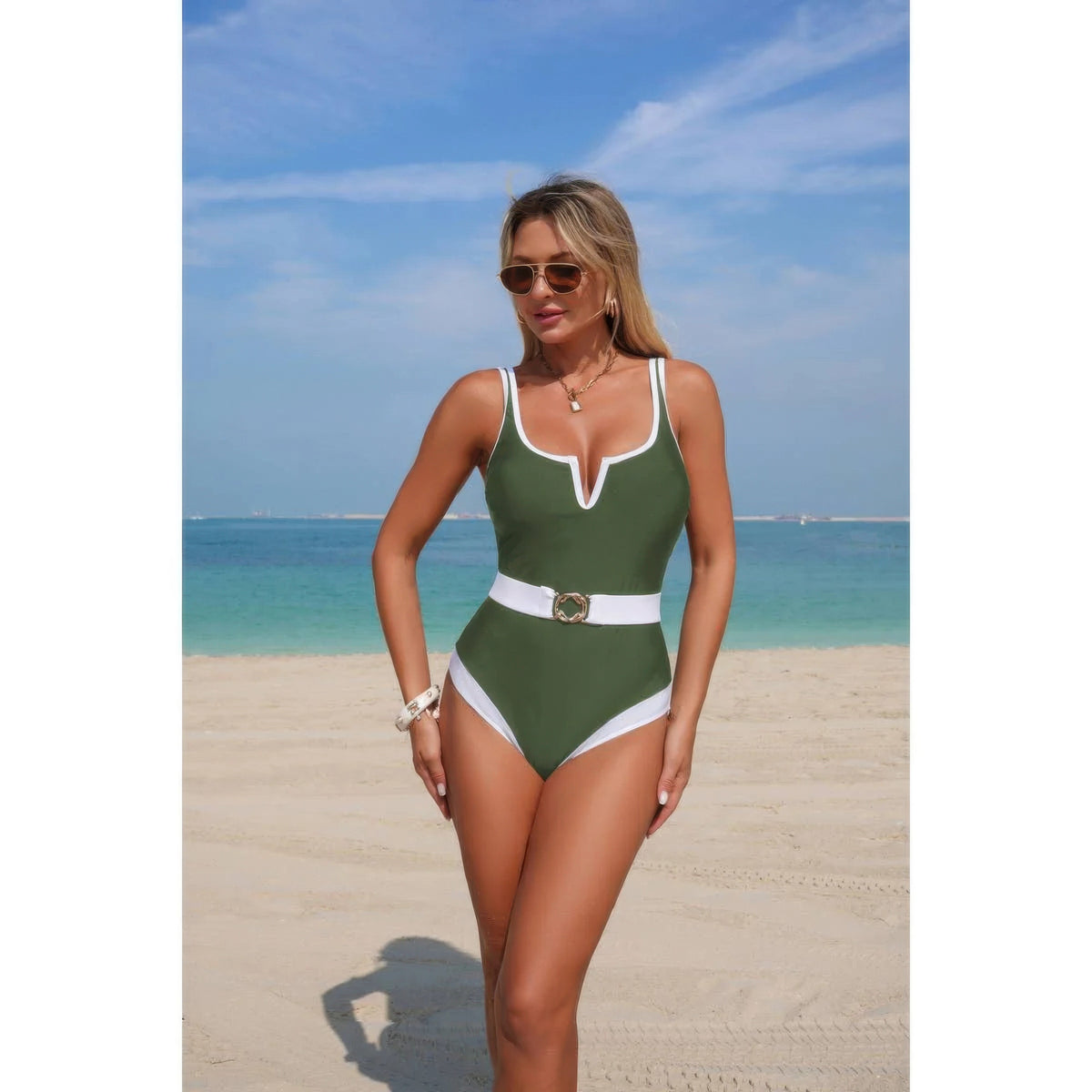 Diana One Piece Color Block Metal Buckle Belt Swimsuit — view 13