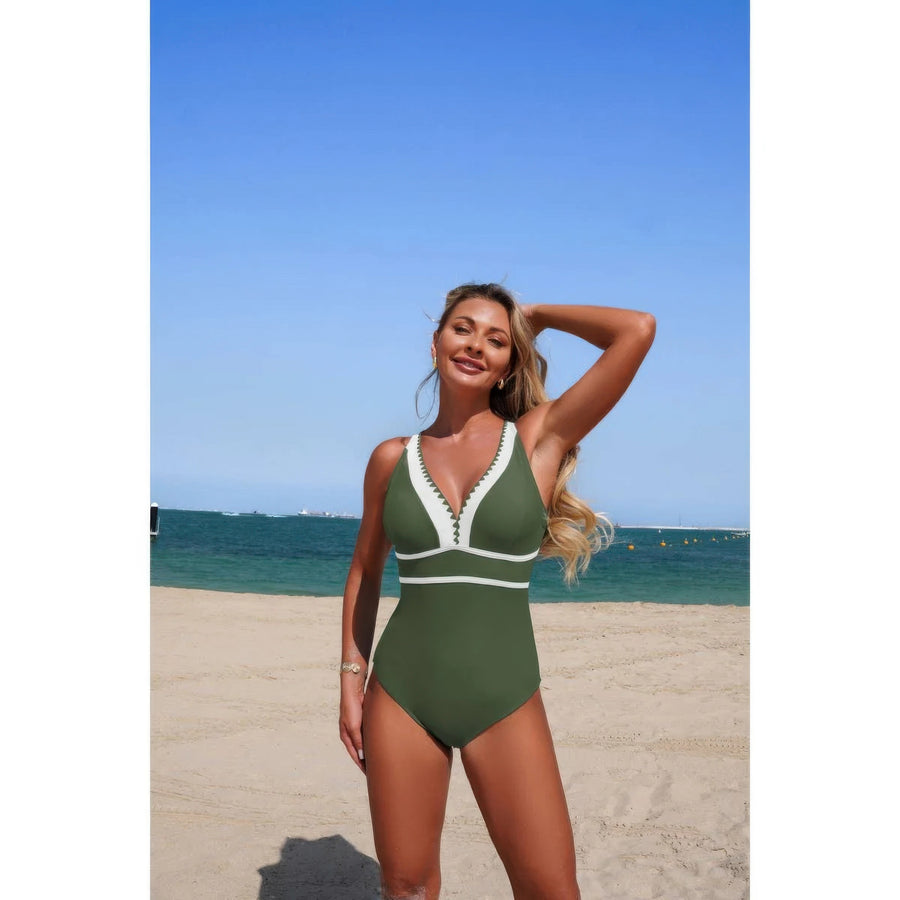 Diana One Piece Color Block V Neck Stretch Swimsuit styled in the studio