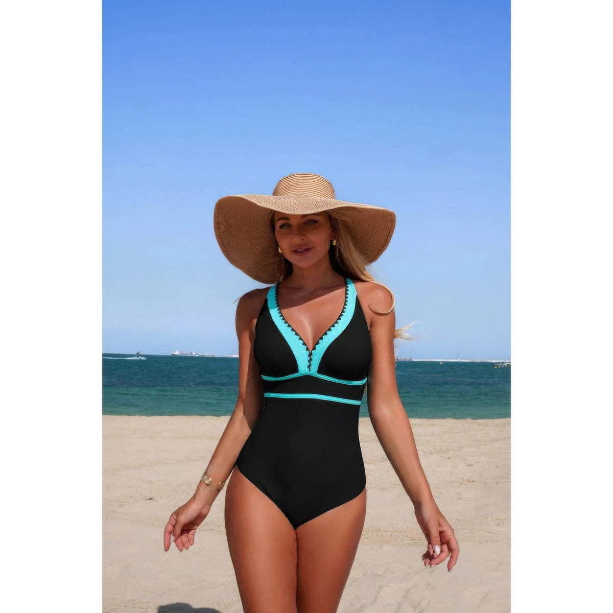Diana One Piece Color Block V Neck Stretch Swimsuit — view 5