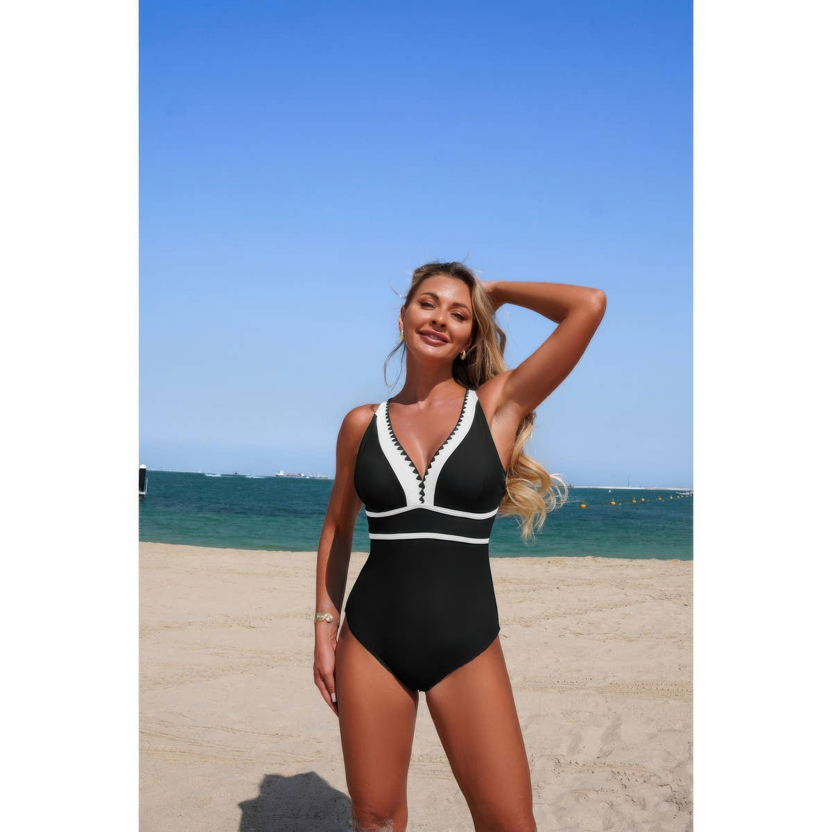 Diana One Piece Color Block V Neck Stretch Swimsuit — view 9