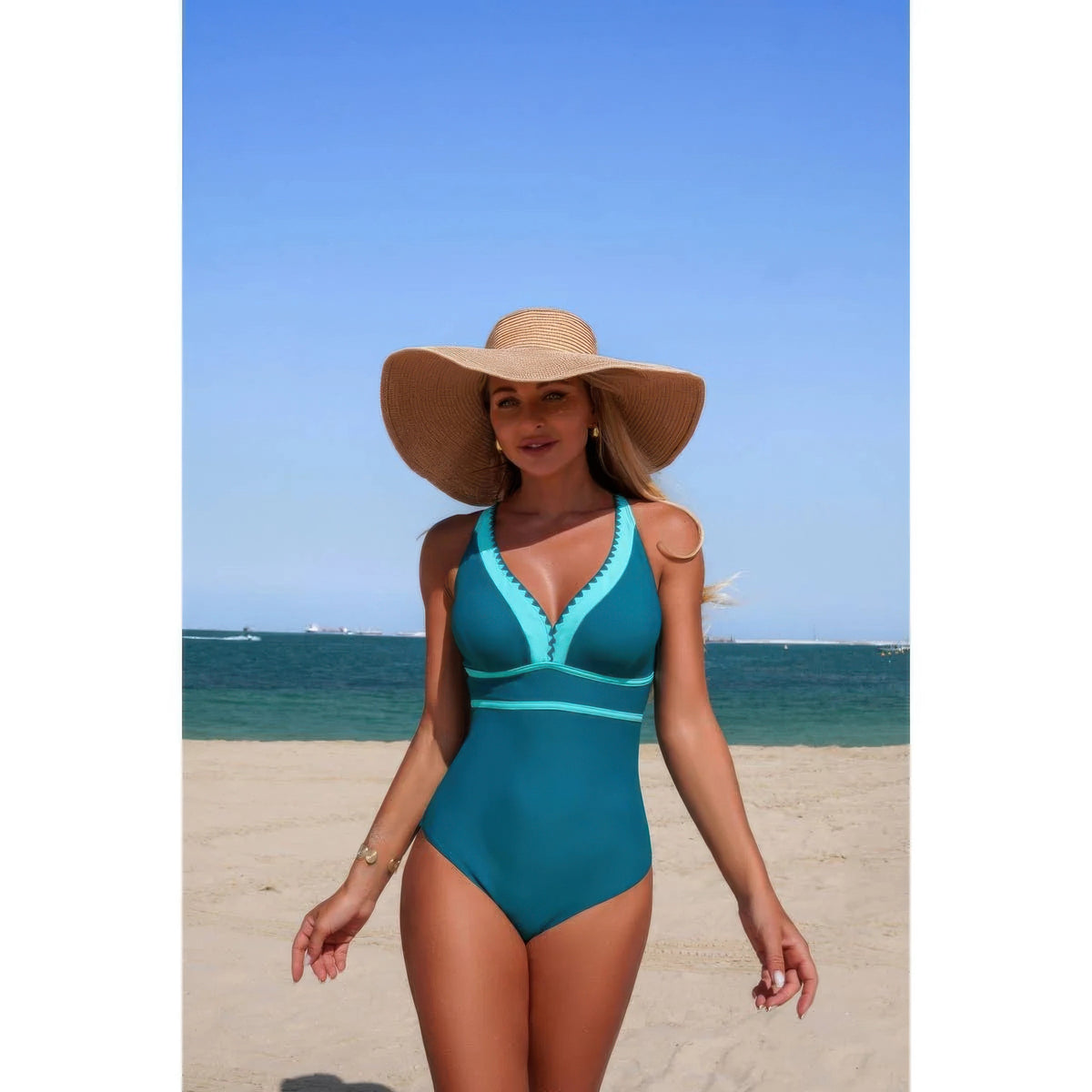 Diana One Piece Color Block V Neck Stretch Swimsuit — view 15