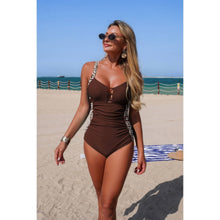 Diana Patchwork V Neck Hollow Out Tie Elastic Swimsuit — thumbnail 7