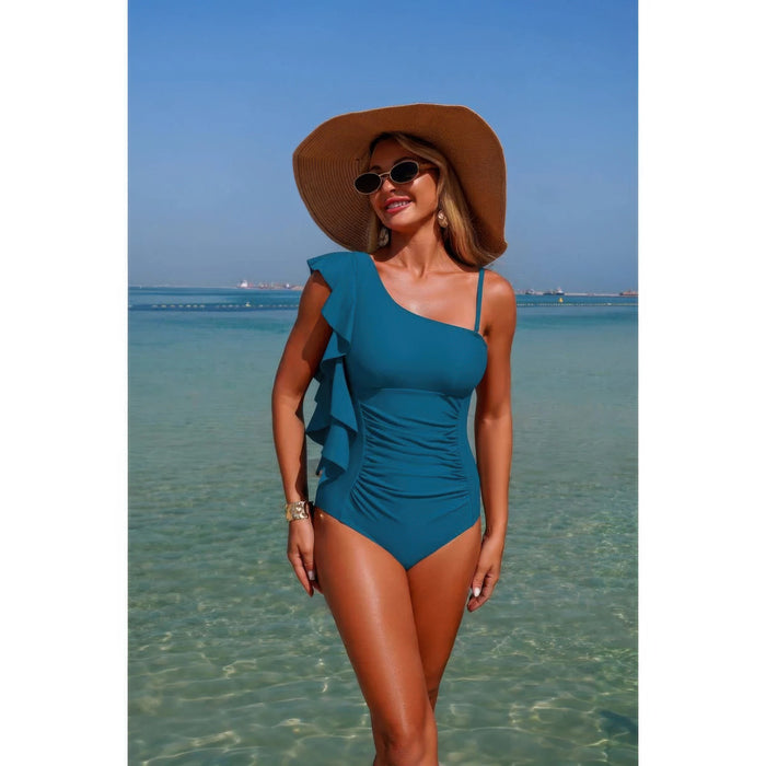 Amaterasu Solid Asymmetric Shoulder Ruffle Swimsuit
