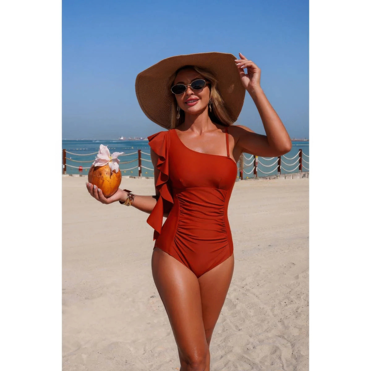 Amaterasu Solid Asymmetric Shoulder Ruffle Swimsuit — view 5